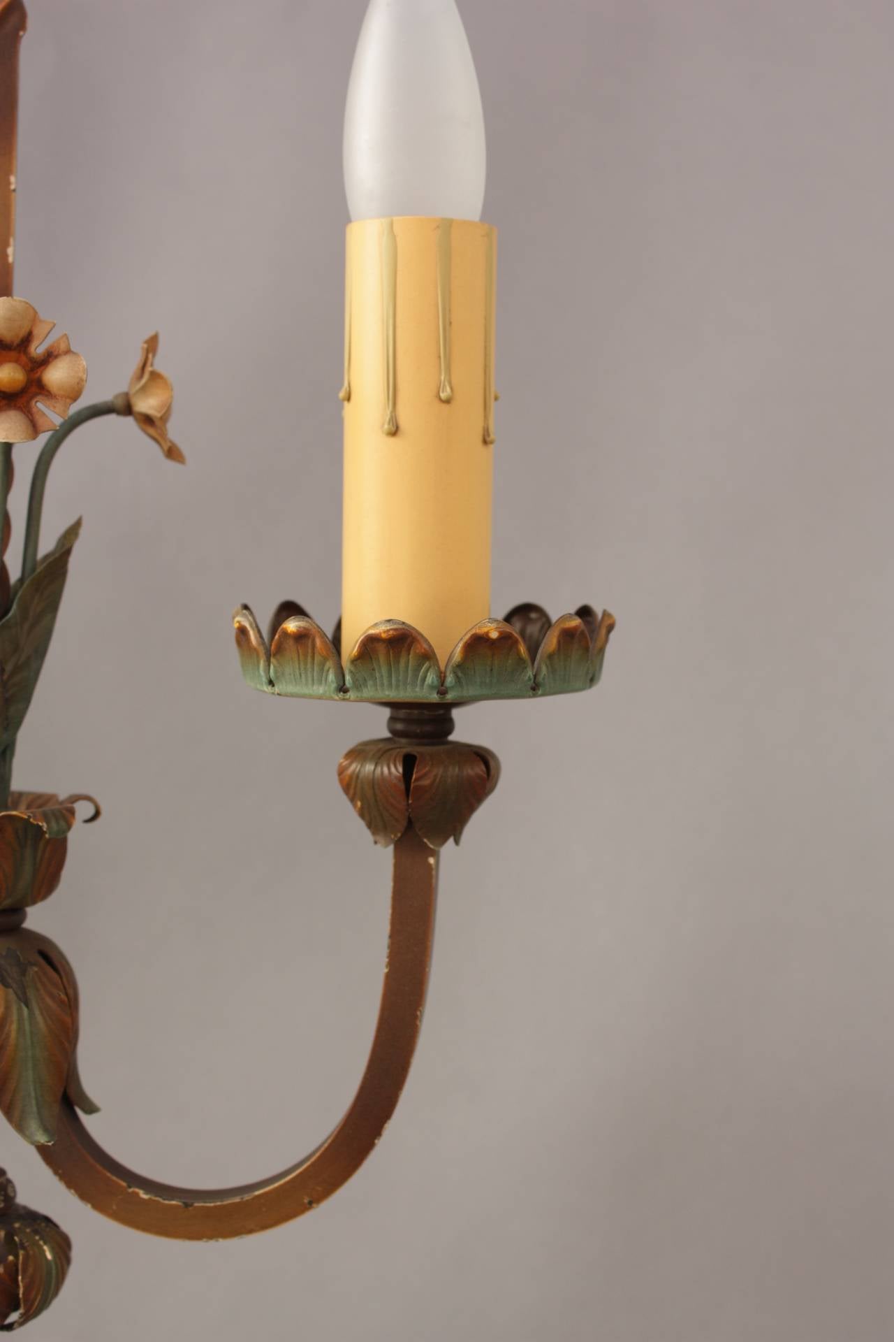 Early 20th Century 1920s Small Two-Light Chandelier with Flowers For Sale