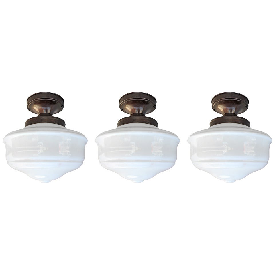 1 of 3 Flush-Mount Milk Glass "Schoolhouse"/Industrial Fixtures