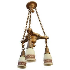 Antique Three-light Chandelier with Original Glass Shades