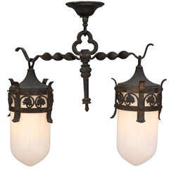 Fantastic Antique Two-light Fixture with Iron and Milk Glass Pendants