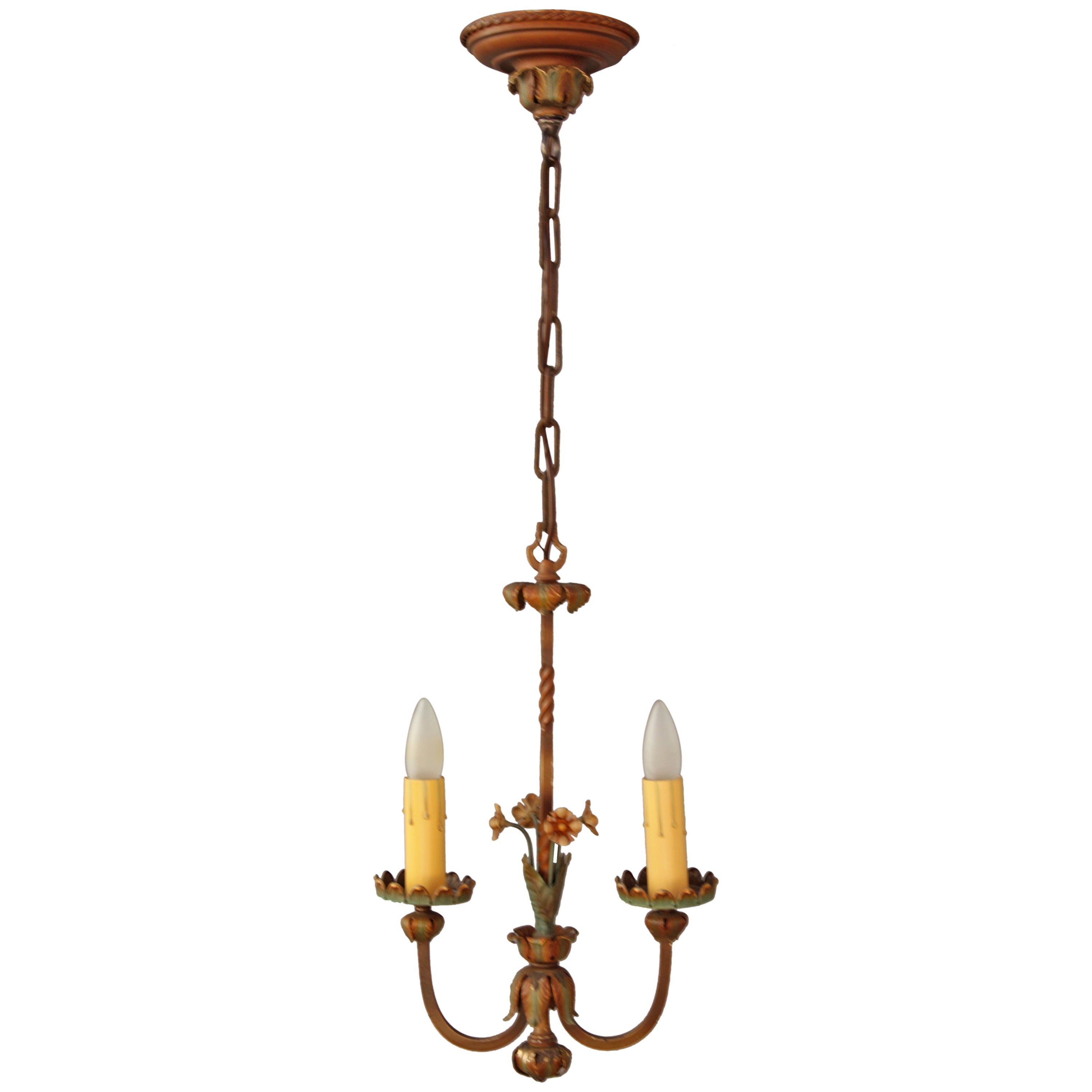 1920s Small Two-Light Chandelier with Flowers For Sale