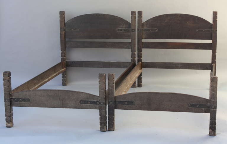 Pair fantastic twin beds by and stamped Monterey and made in Southern California in the 1930's. Original signature 