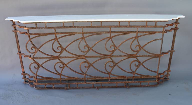 1920s Long and Shallow Wrought Iron Console with Marble 1