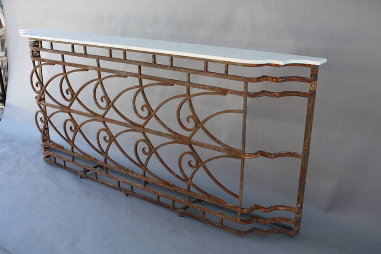American 1920s Long and Shallow Wrought Iron Console with Marble