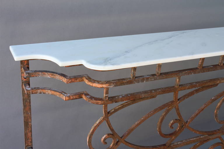 Industrial 1920s Long and Shallow Wrought Iron Console with Marble