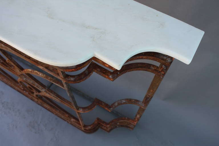 1920s Long and Shallow Wrought Iron Console with Marble In Good Condition In Pasadena, CA
