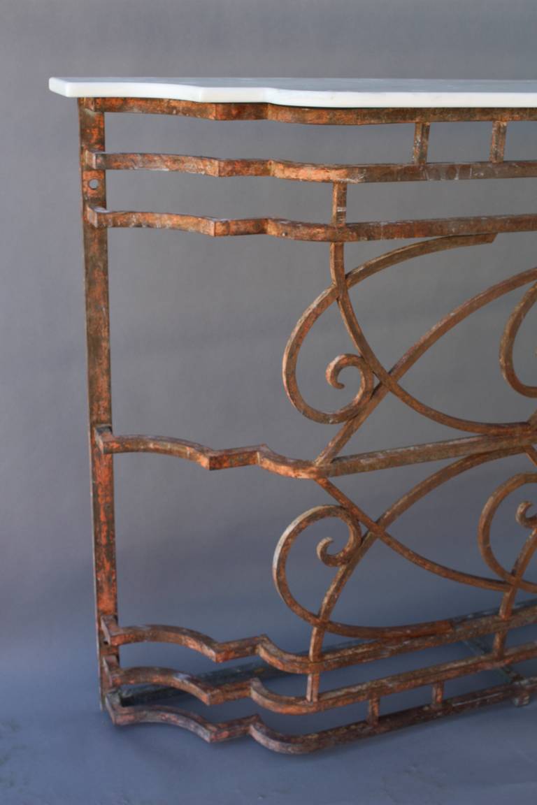 20th Century 1920s Long and Shallow Wrought Iron Console with Marble
