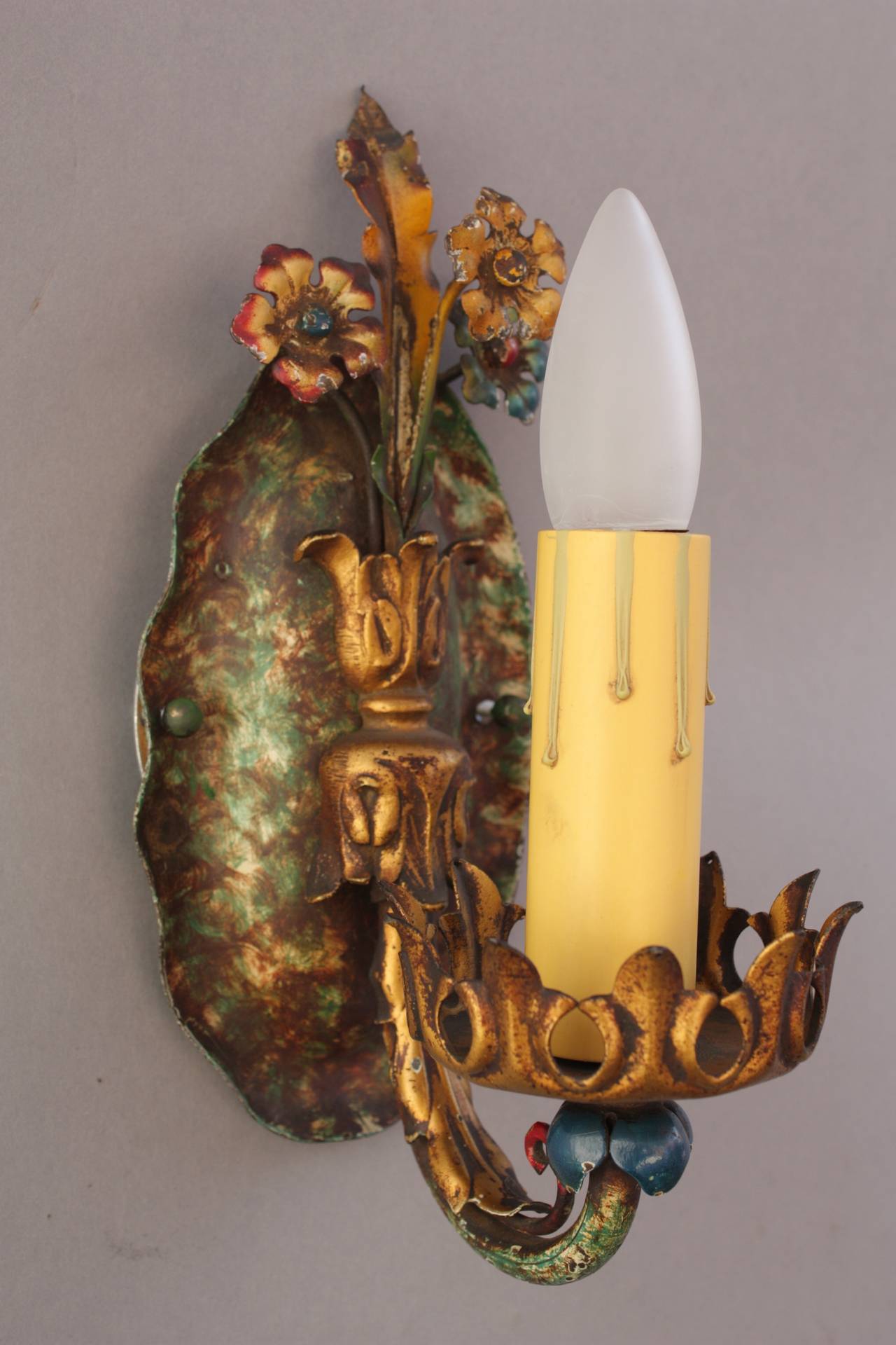 Vintage Pair of Vibrant Polychrome 1920s Sconces