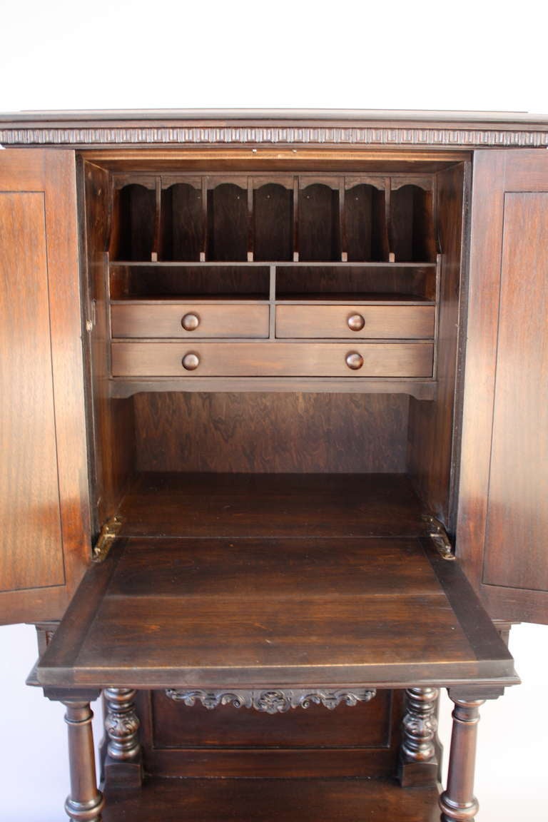 Beautiful 1920's Carved Secretary Cabinet In Good Condition In Pasadena, CA