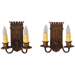 Vintage 1920s Pair of Double Sconces with Linen Fold Motif