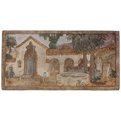 1930s Antique Clay Craft Tile With Courtyard Scene