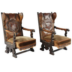 Outstanding Pair of Leather and Velvet Spanish Revival Armchairs