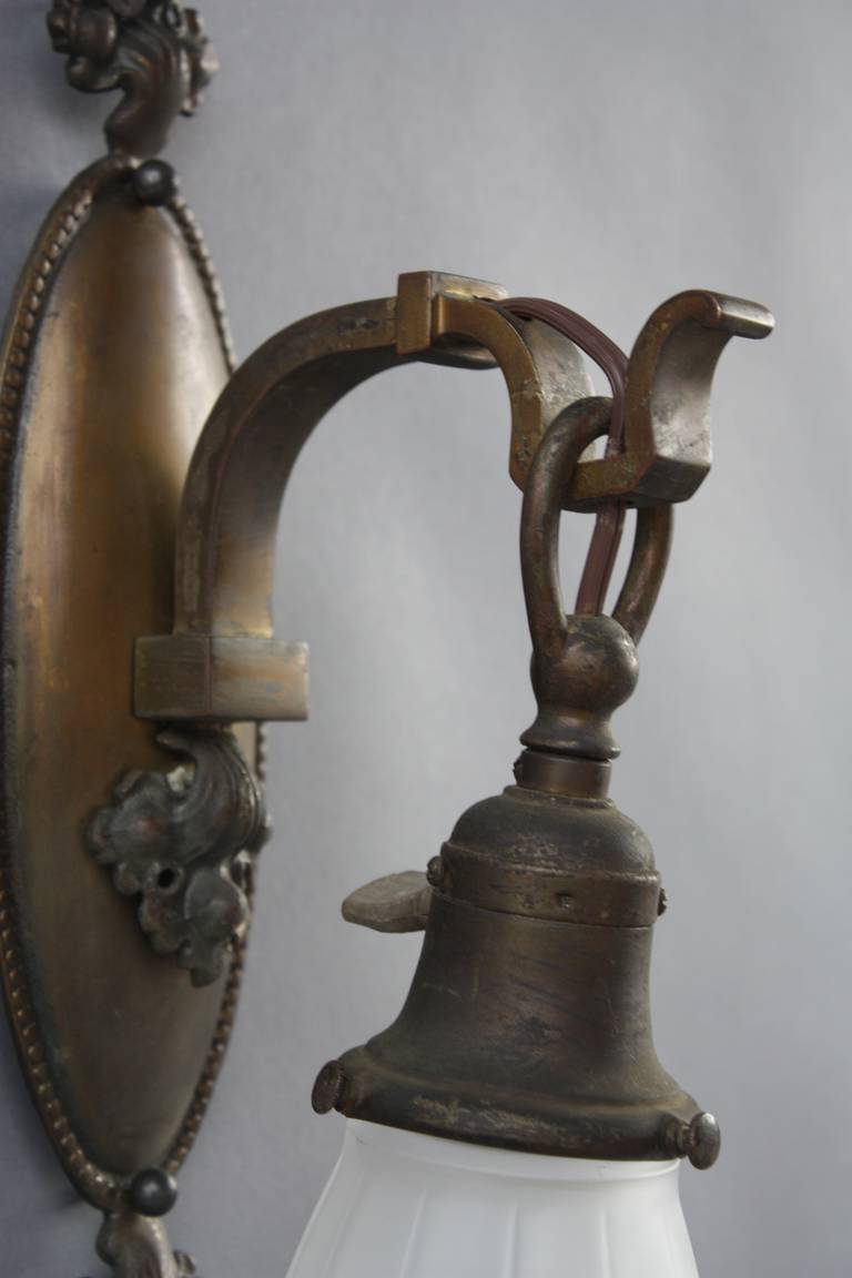 Pair of Brass Sconces with Glass Shades at 1stdibs