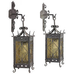 Pair of Large Scale Wrought Iron Exterior Lanterns