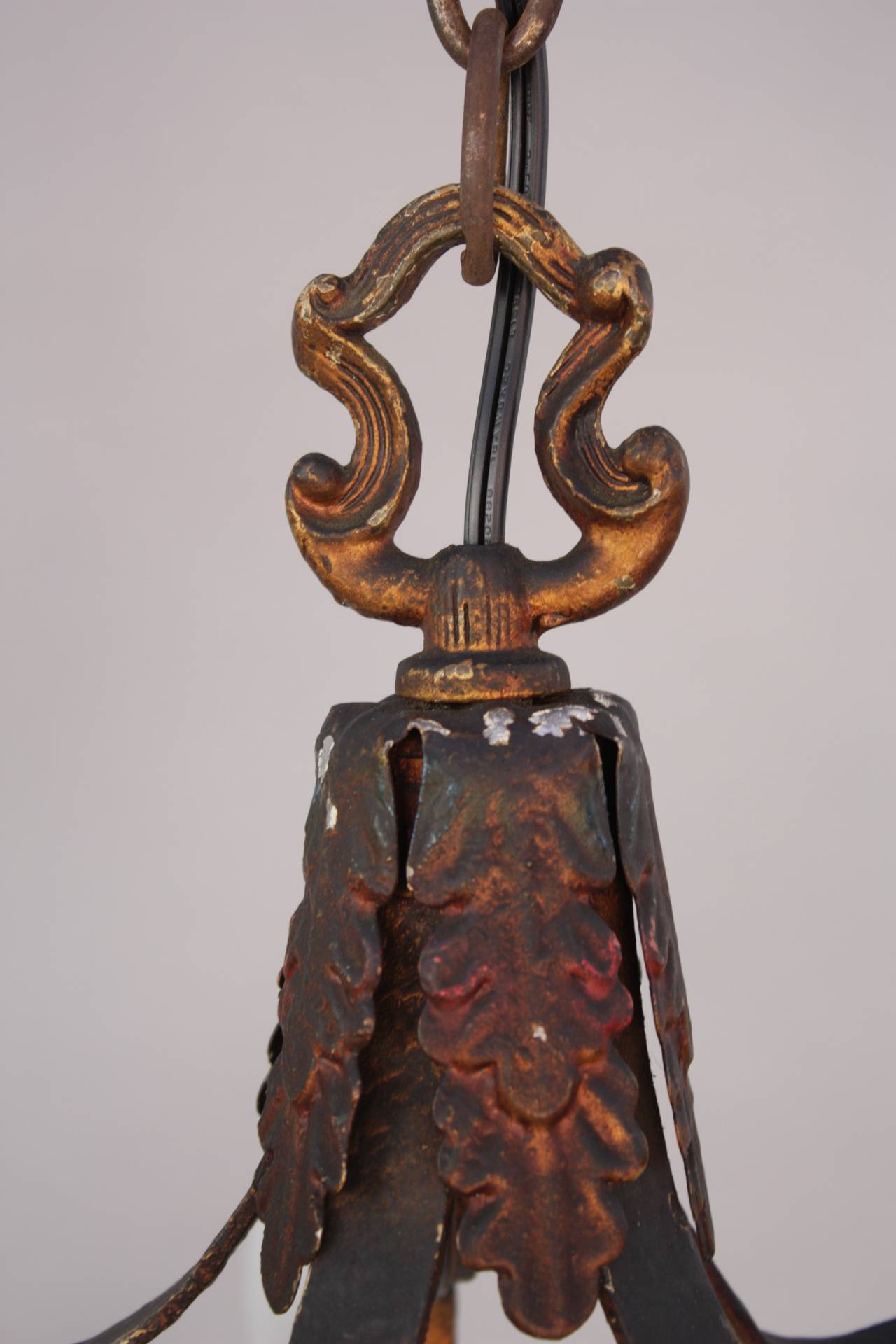 North American Antique Five-Light Polychrome Spanish Revival Chandelier, circa 1920s For Sale