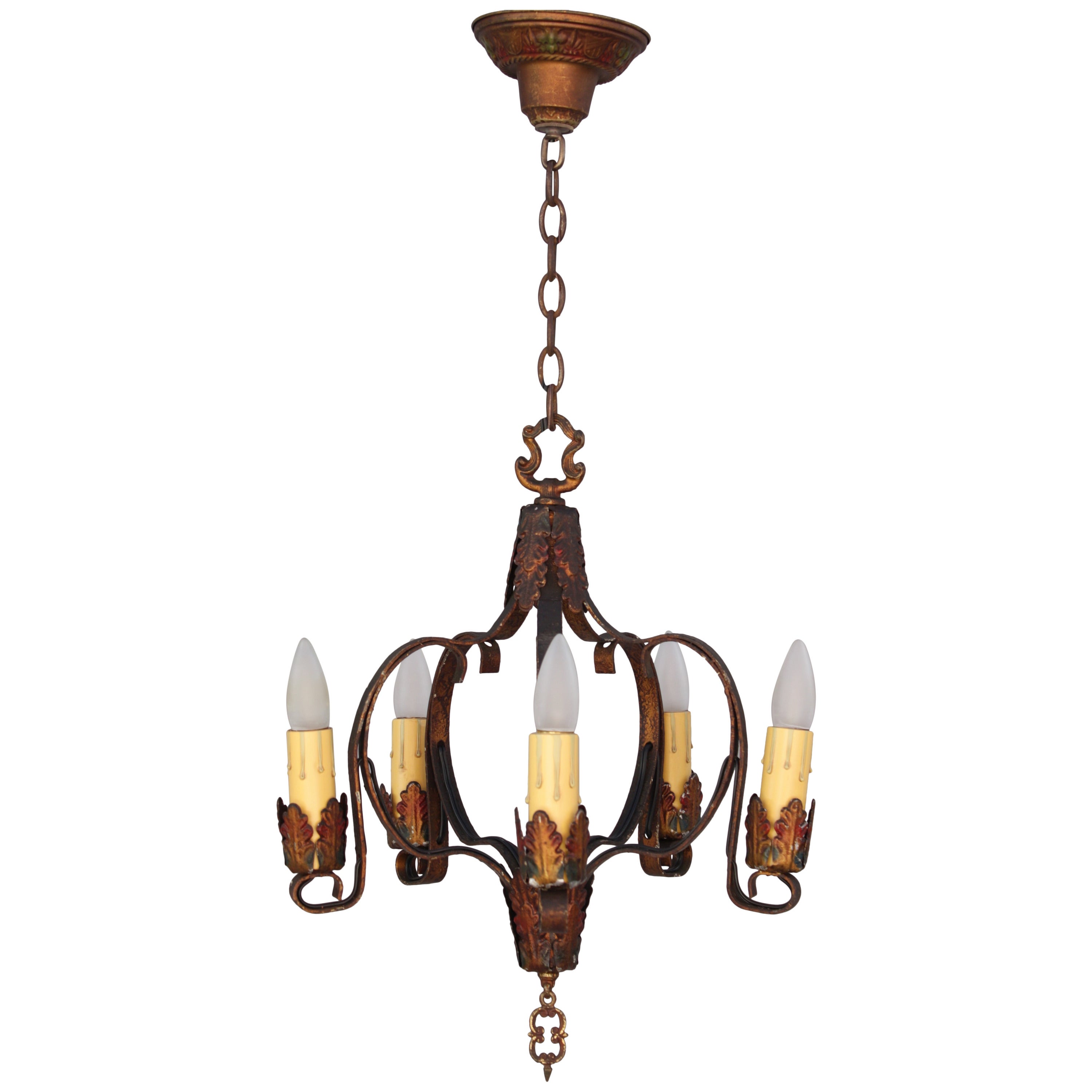 Antique Five-Light Polychrome Spanish Revival Chandelier, circa 1920s For Sale