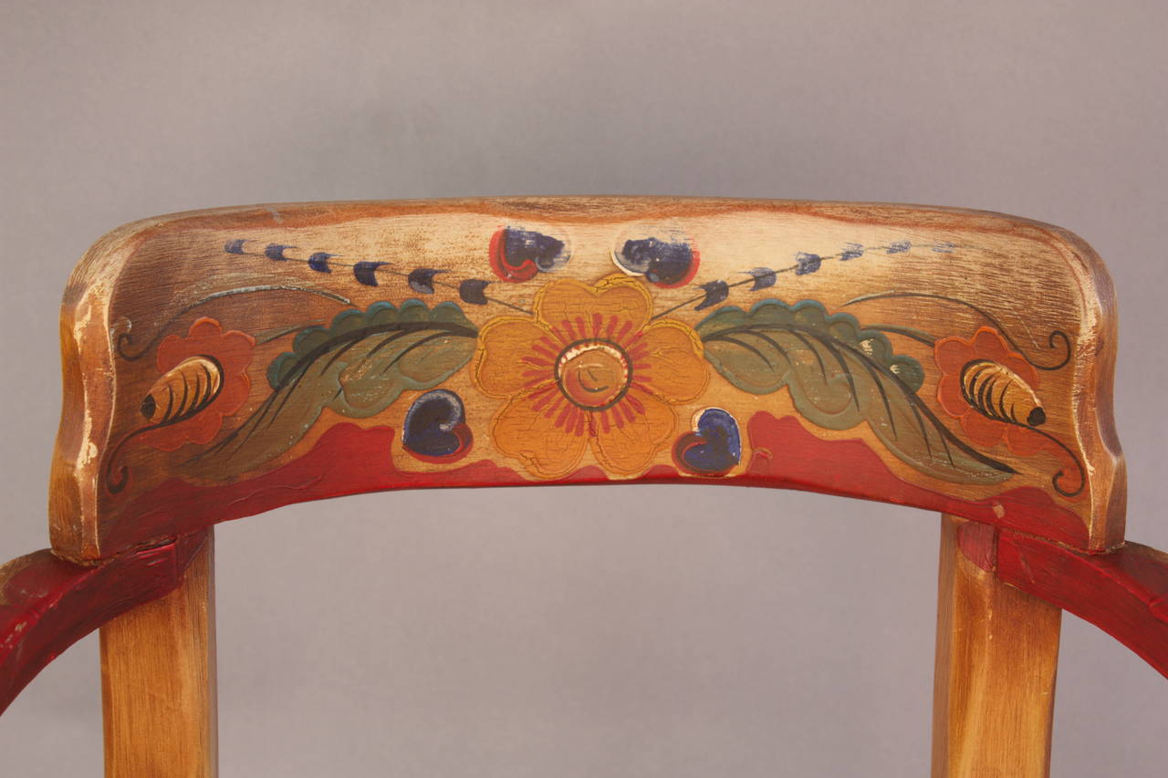 Priced for the pair. Circa 1930's hand painted Monterey period Signed Coronado armchairs