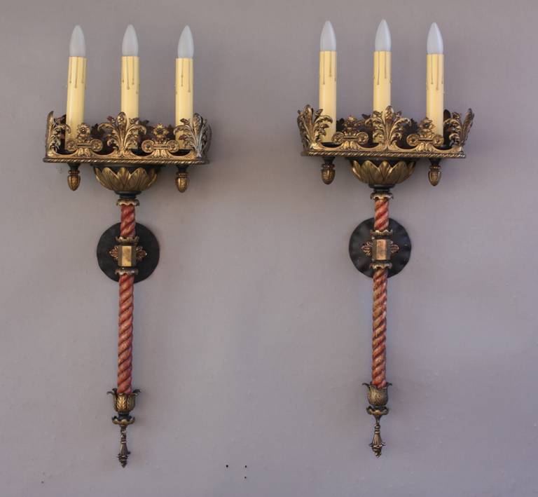 American Outstanding Pair of Antique Spanish Revival Sconces