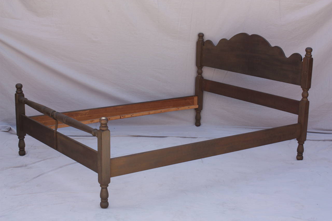 Original signed Monterey double bed. Circa 1930's. Original Old wood finish. Original wrought iron straps. Manufactured by Barker Bros and sold in the 1930's. 42.5