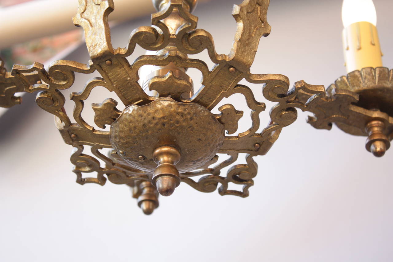 Antique English Tudor 1920s Brass Five-Light Chandelier