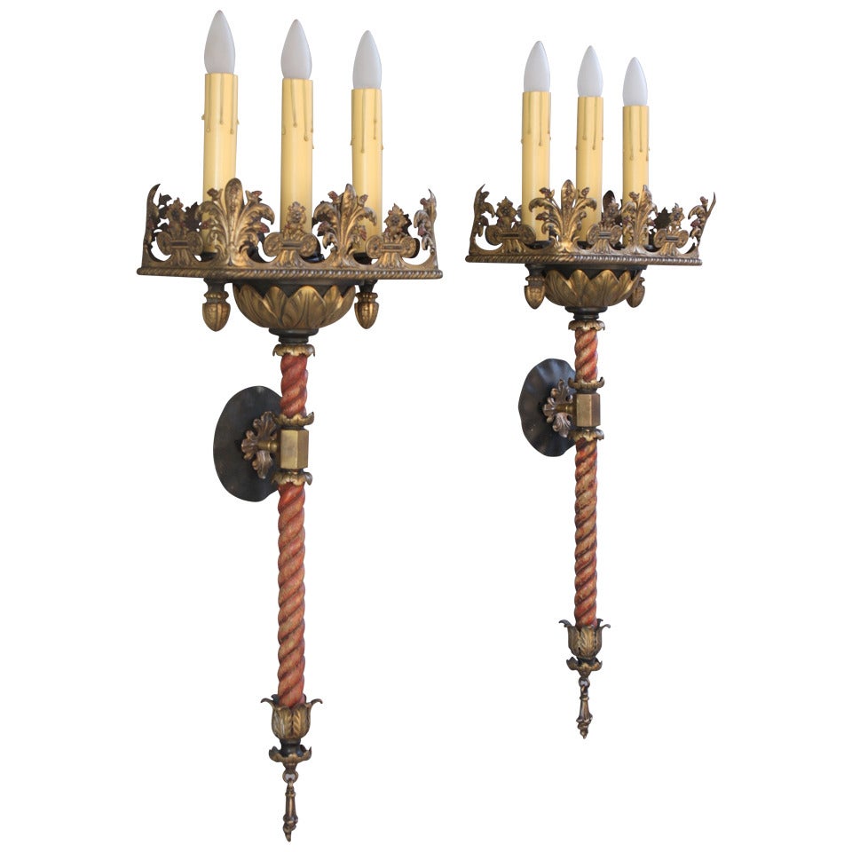 Outstanding Pair of Antique Spanish Revival Sconces
