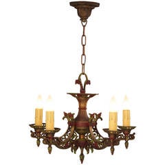 Antique 1920's Polychrome Chandelier With Low Height Profile