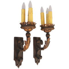 Spectacular Pair of 1920s Large-Scale Sconces with Acanthus Motif