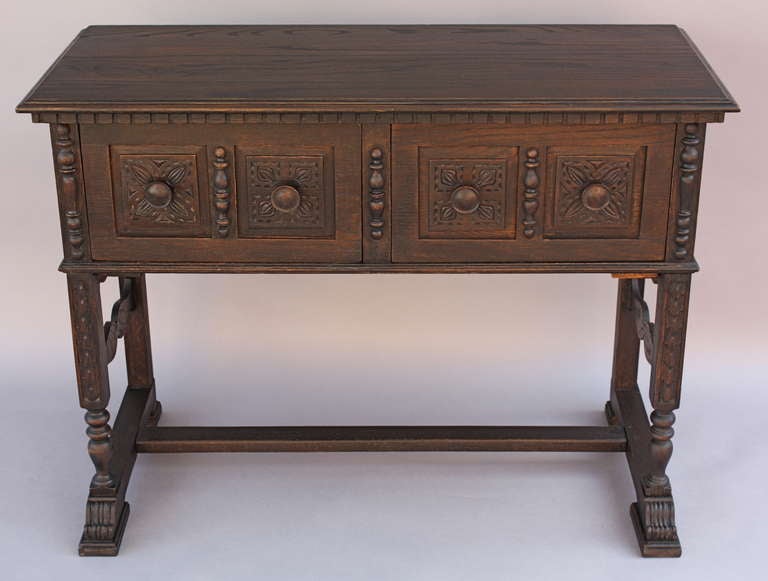 Circa 1920's. Small scale sideboard. Nicely carved. Oak.