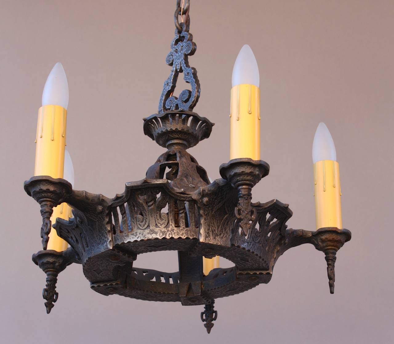 Small-scale 1920s iron chandelier hard to find drop. The body of the fixture is 14.75