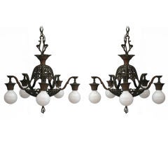Pair of Polychrome 5-Light Chandeliers