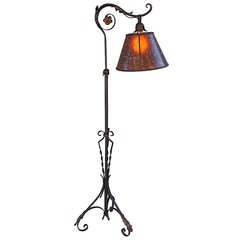 1920s Wrought Iron Bridge Lamp with Amber Mica Shade