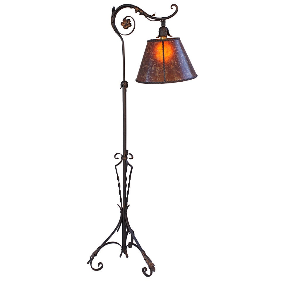1920s Wrought Iron Bridge Lamp with Amber Mica Shade