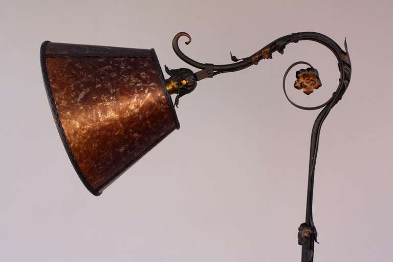 Unknown 1920s Wrought Iron Bridge Lamp with Amber Mica Shade