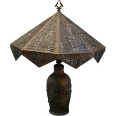 Large Arts & Crafts Table Lamp with Exceptional Slag Glass Shade