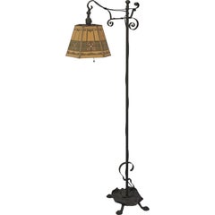 1920's Wrought Iron Bridge Lamp w/ Metal Mesh Shade