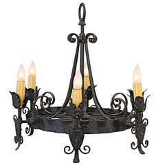 1920s Wrought Iron 6-light Chandelier w/ Shields