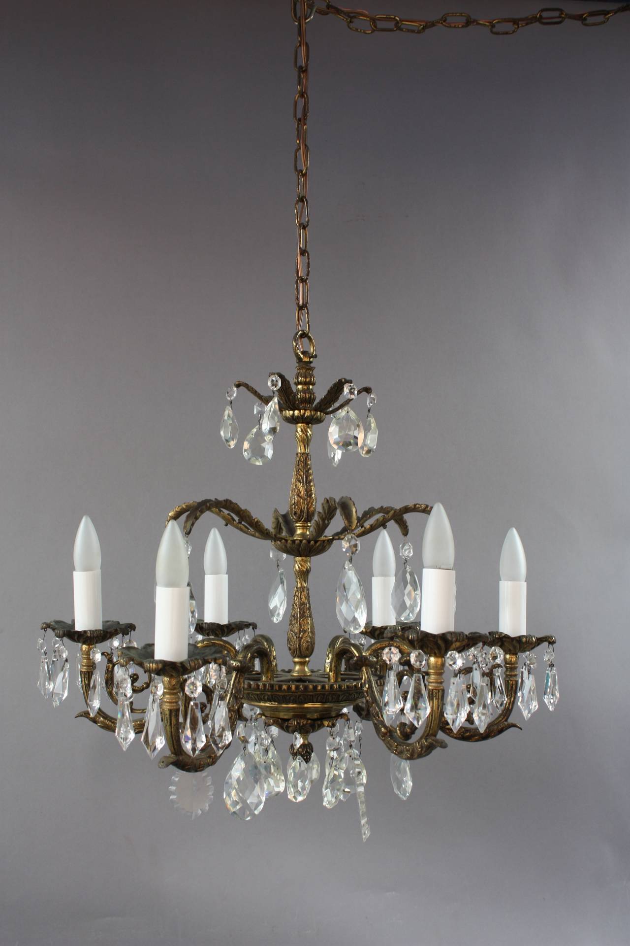 North American Antique One of Two Brass and Crystal Chandeliers, circa 1930s