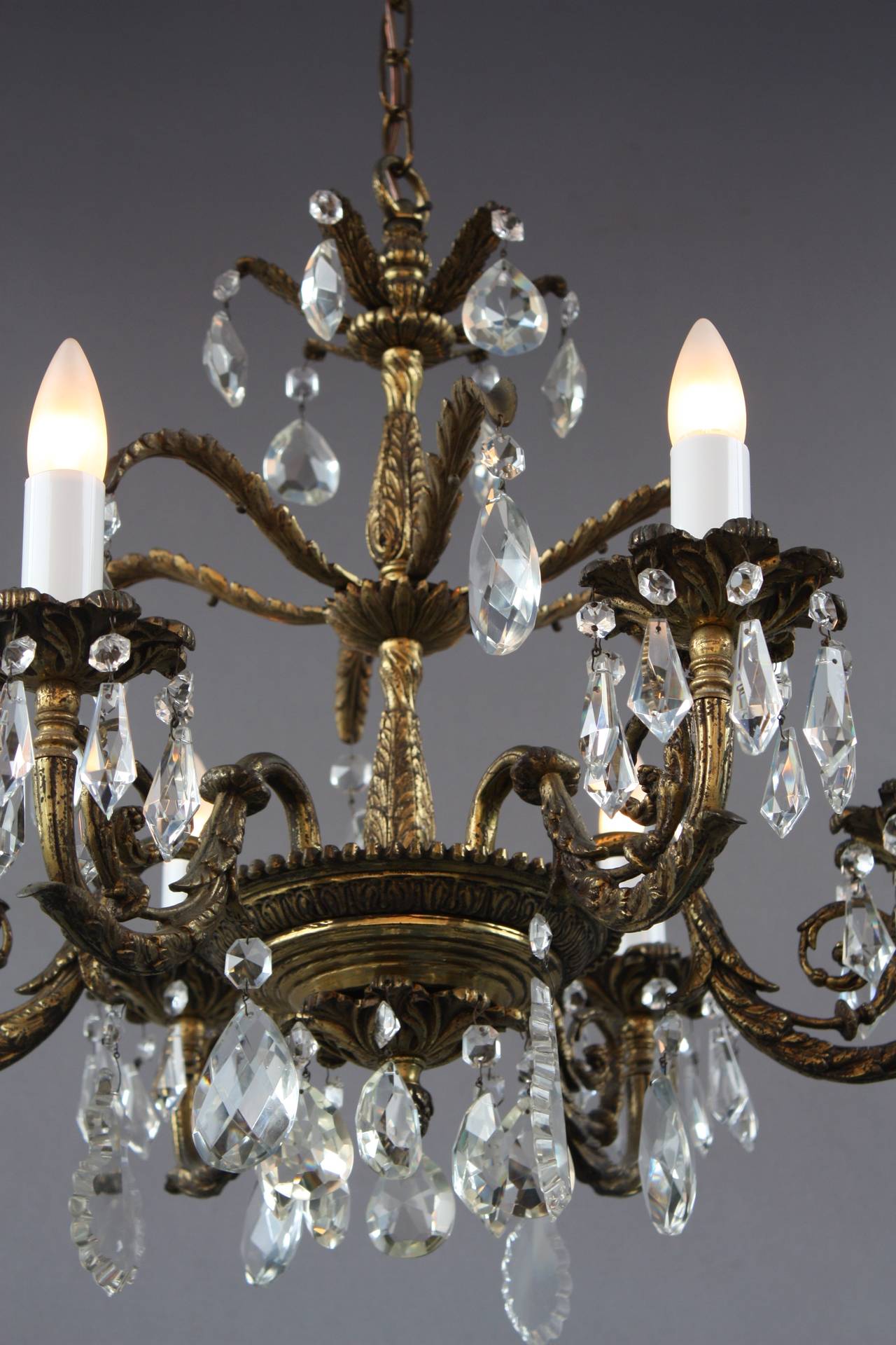 Antique One of Two Brass and Crystal Chandeliers, circa 1930s In Good Condition In Pasadena, CA