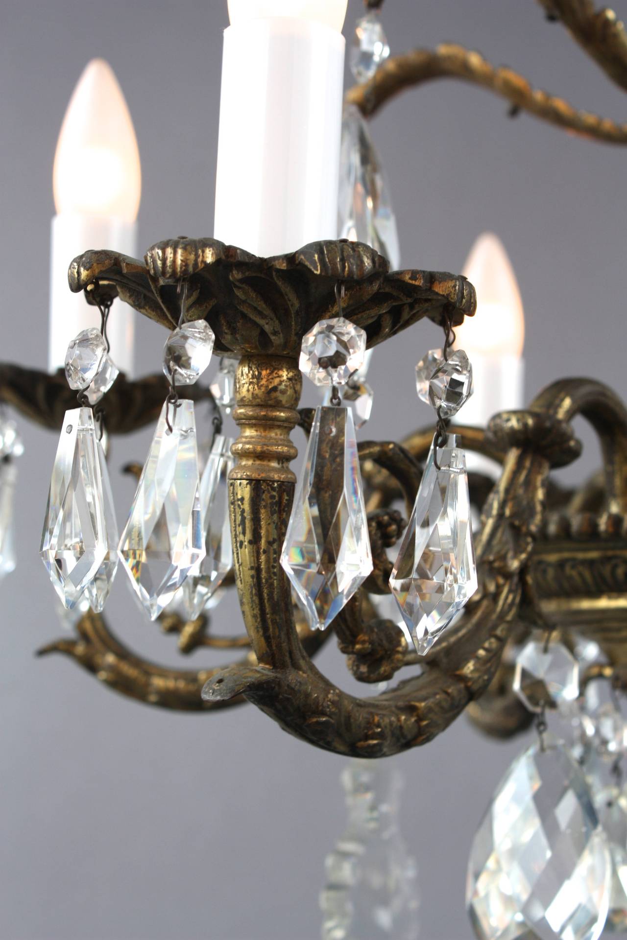 Antique One of Two Brass and Crystal Chandeliers, circa 1930s 1