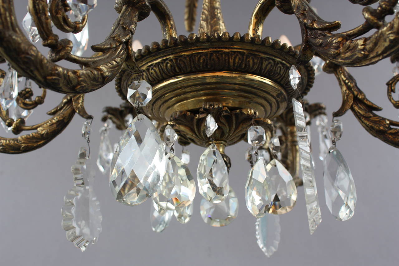 Mid-20th Century Antique One of Two Brass and Crystal Chandeliers, circa 1930s
