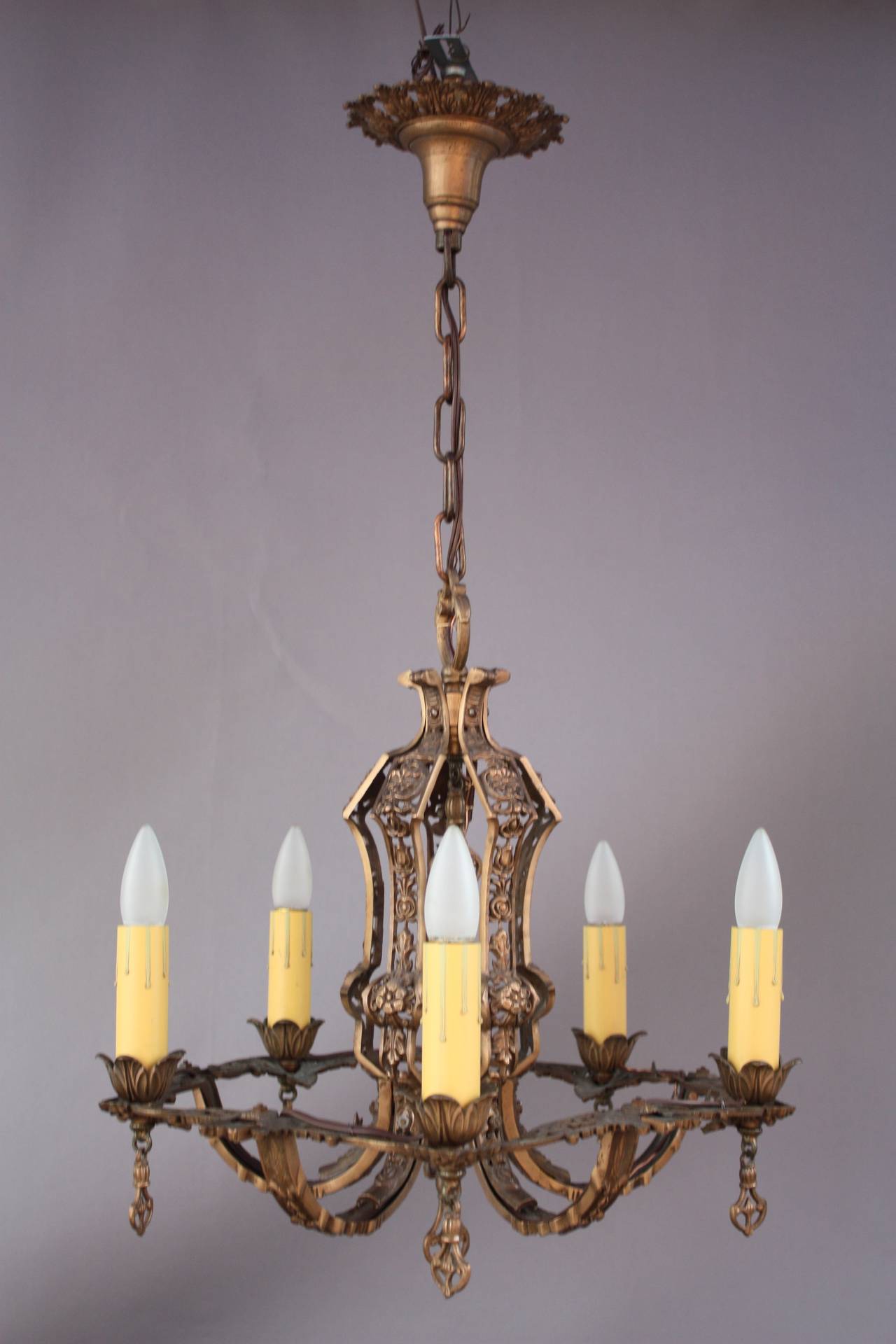 1920s Intricately Casted Brass Chandelier