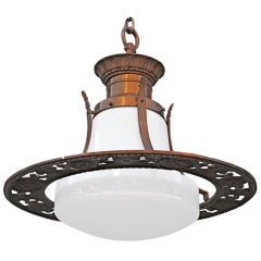 Antique 1920
s Decorative Bronze Light With Milk Glass Shade