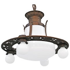 Antique 1920
s Decorative Bronze Light With Milk Glass Shade