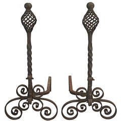 Circa 1920's Wrought Iron Andirons