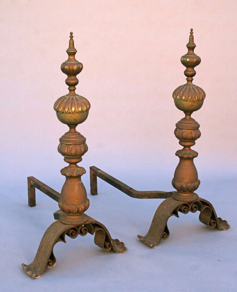 Vintage Spectacular Brass and Iron Andirons For Sale at 1stDibs