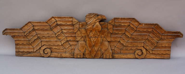 Incredible piece of folk art from the 1920's. Was probably above a doorway at one time. Carved red wood probably from California. Beautiful patina. Art deco era.