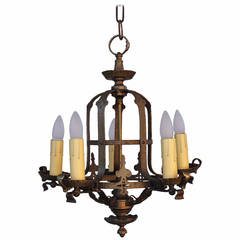 Antique 1920's Brass Chandelier With Nice Hammered Texture