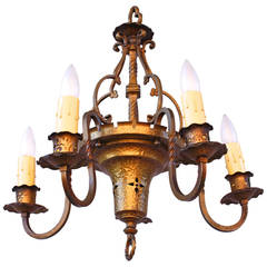 Uniquely Styled 1920s Hammered Brass Chandelier