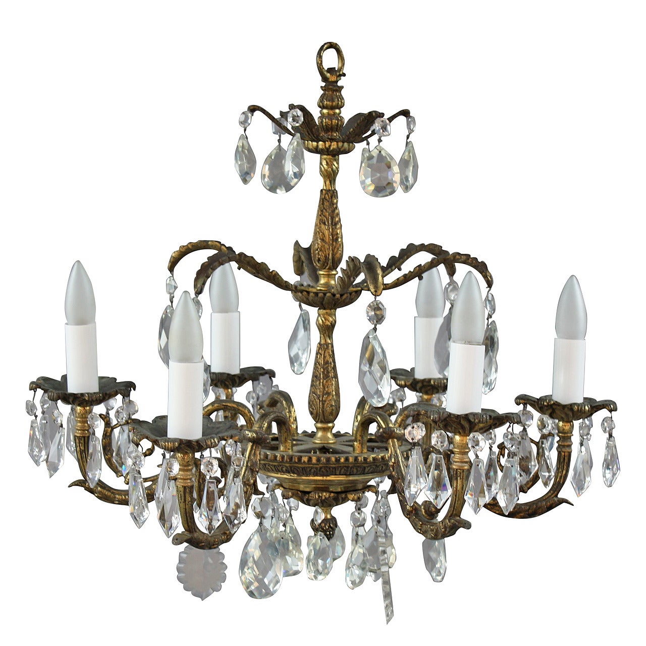Antique One of Two Brass and Crystal Chandeliers, circa 1930s