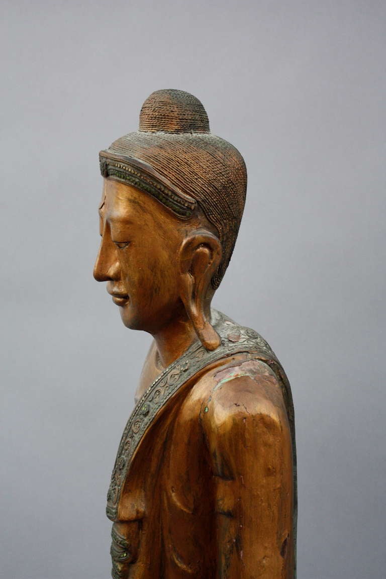 4 Ft High Early 19th Century, Mandalay Style, Carved Wooden Buddha, Thailand In Good Condition In Pasadena, CA